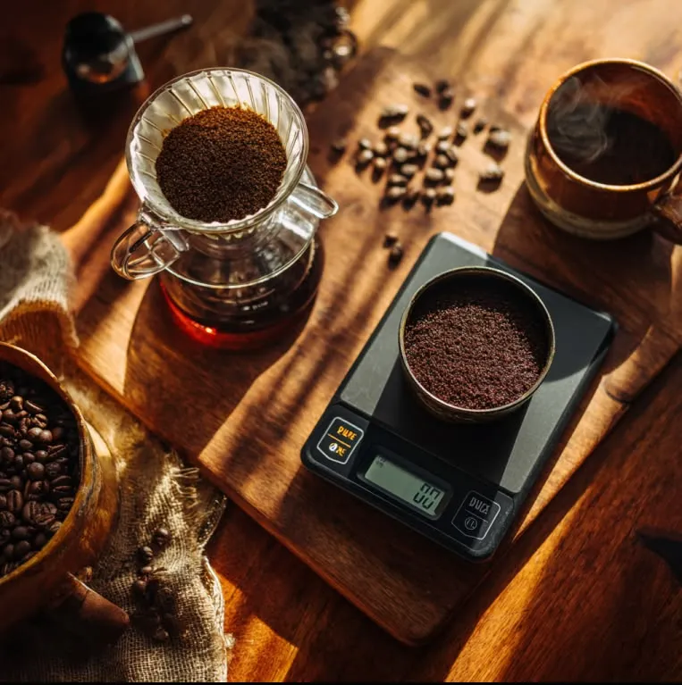 Coffee brewing setup with scale and pour-over